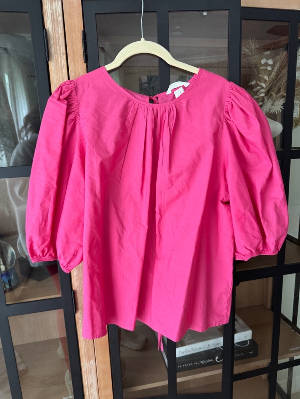 H&M blouse bows puff short sleeve cotton poplin tie back hot pink top flowy - Picture 2 of 8